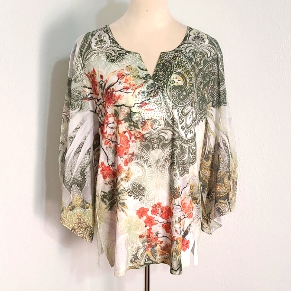 JM Collection Top in Shades of Green w/Orange Flowers Wide Sheer Sleeves Sz XL